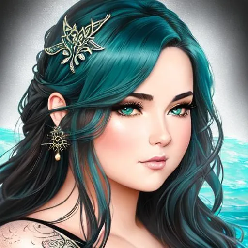 Prompt: a painting of a heavyweight woman with teal long wavy hair,  round face, chubby face, brown eyes, by Luis Royo, intricate gown, amy sol in the style of, brcool color scheme art rendition, tattoos, detailed facial structure, black and white artwork, idealised, pastel drawing, digital art of an elegant, artgram, female water elemental, pinterest anime, charli bowater and artgerm
