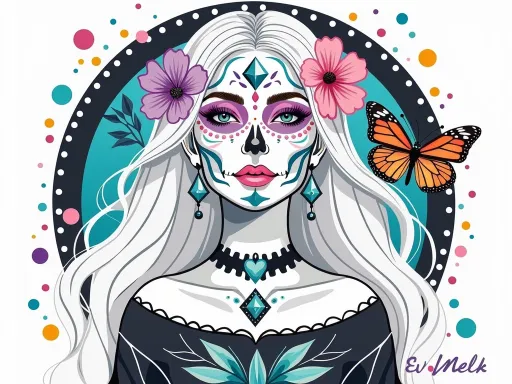 Prompt: This is a digital illustration in a vibrant, contemporary art style, featuring a woman with a Día de los Muertos (Day of the Dead) makeup design. She has long, flowing white hair adorned with two large flowers—one pink and one purple—on either side of her head. Her face is decorated with intricate blue and pink patterns, including a diamond shape on her forehead, symmetrical pink circles on her cheeks, and a blue heart on her chin. She has striking pink eyeshadow and eyeliner, accentuating her large, expressive eyes. Her lips are painted a bold pink.

She wears a black off-the-shoulder top with teal and white decorative elements, including a large teal shape in the center. Her accessories include teal, heart-shaped earrings and a black choker with a teal gem in the middle. A small, orange butterfly with black accents hovers near her right ear.

The background is a circular black frame filled with colorful dots and a teal gradient, adding depth and contrast to the image. The overall composition is balanced and visually striking, with a mix of bold colors and intricate patterns that highlight the cultural theme of Día de los Muertos. The artist's signature, "Ev Molek," is in the bottom right corner.