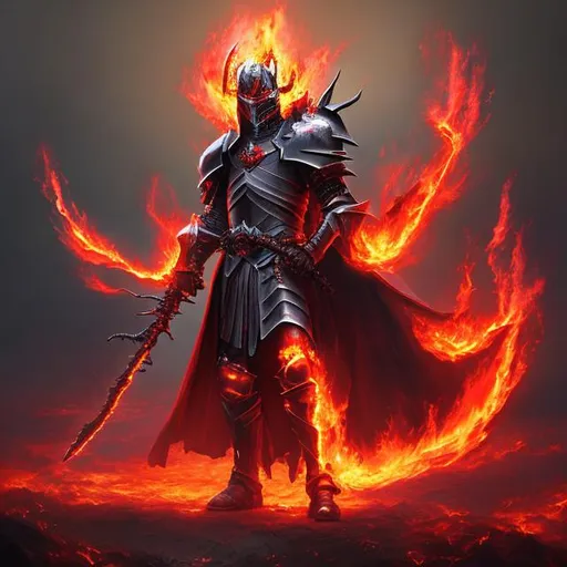 Prompt: (3D, 8k, masterpiece, oil painting, professional, UHD character, UHD background) a black knight with a red magic aura and a dark red flaming sword surounded by a dark wasteland