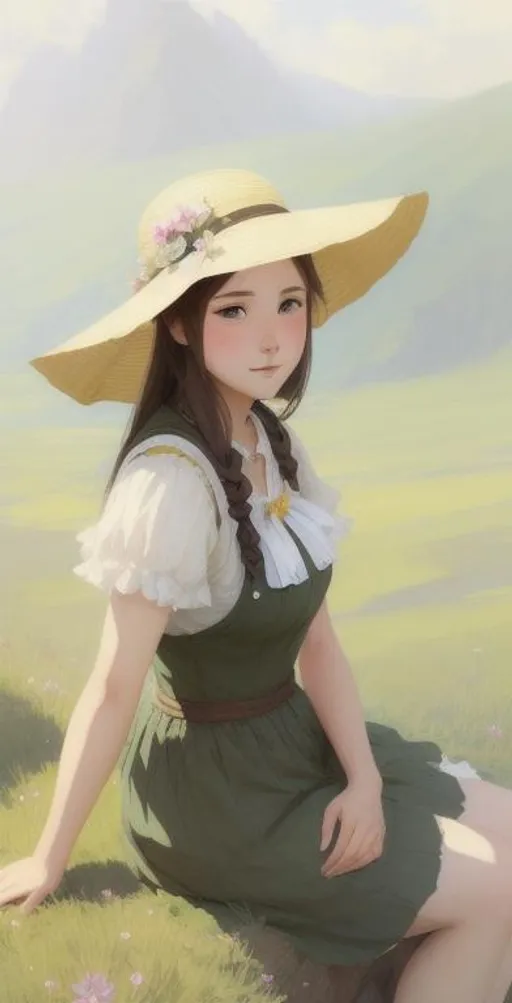 Prompt: A country styled girl in a meadow, sitting on a rock, with a sun hat, wearing a dress, perfect features, extremely detailed, realistic. Krenz Cushart + loish +gaston bussiere +craig mullins, j. c. leyendecker +Artgerm, 