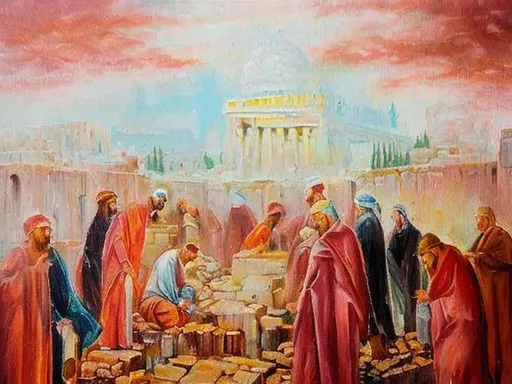 Prompt: Oil painting on canvas, building the Temple of the Jews in Jerusalem