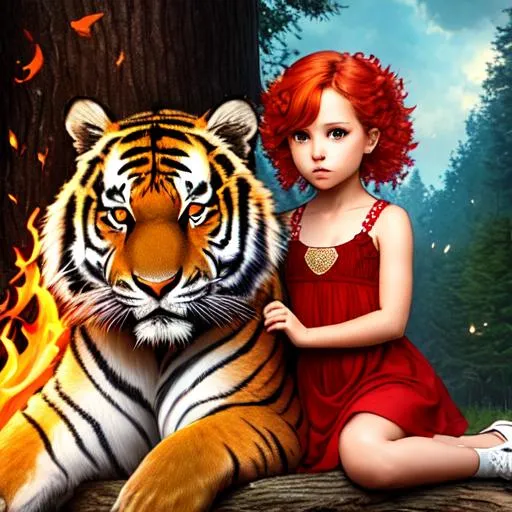 Prompt: Girl sitting on Big tiger, Tree on fire, Red eyes, cute, Fire hair, Tree, magic, girl, 5 year old child, holding baby, beautiful, stars, dark, magic girl, 4K, 16K, highly realistic, extremely detailed, photo realistic, photo quality, full boddy, nature in background