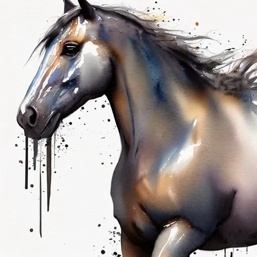 Prompt: watercolor, withe horse, long mane, portrait, gallop, dark gray background, light upper  left