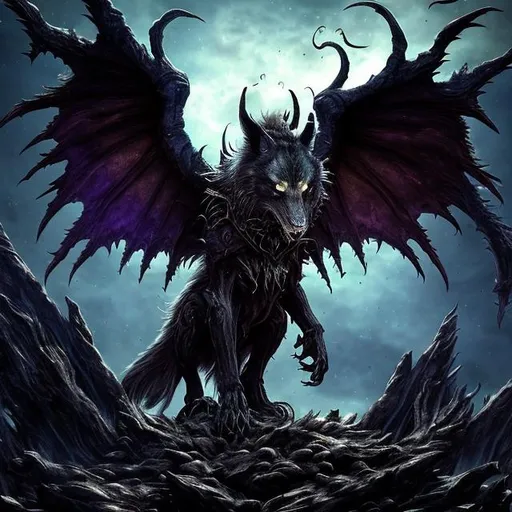 Prompt: Cosmic Epic, Wolves, Wolf Figures, creatures, wicca, occult, harvest, fall, hyper-realistic, ultra resolution, spooky, dark, witchcore. archangel tyriel, Wolf, avatar, sword, angel wings. 4k, unreal engine --wallpapers. Wolf character, with two symmetrical big fangs, and big mouth, with bloodborne claws, full body, in bloodborne style, full body, dark fantasy, trending on ArtStation, --ar 4:5