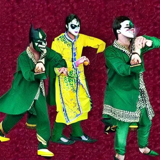 Prompt: batmen and joker playing garba 