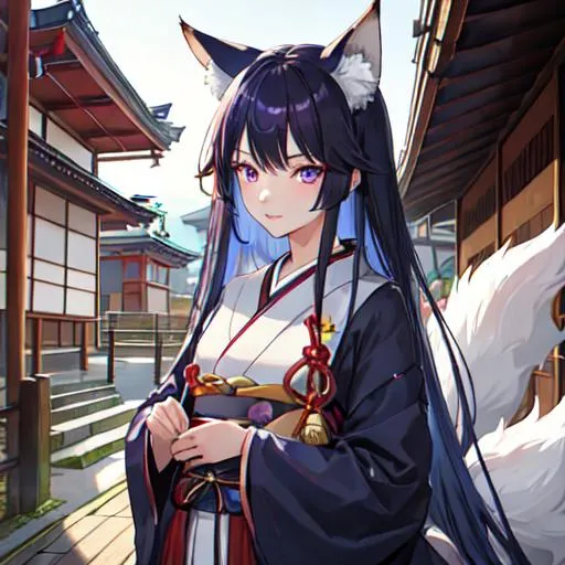 Prompt: male, kitsune, with long dark blue hair, purple eyes, playful look, portrait, and comfy conservative clothes, outside a Japanese shrine
