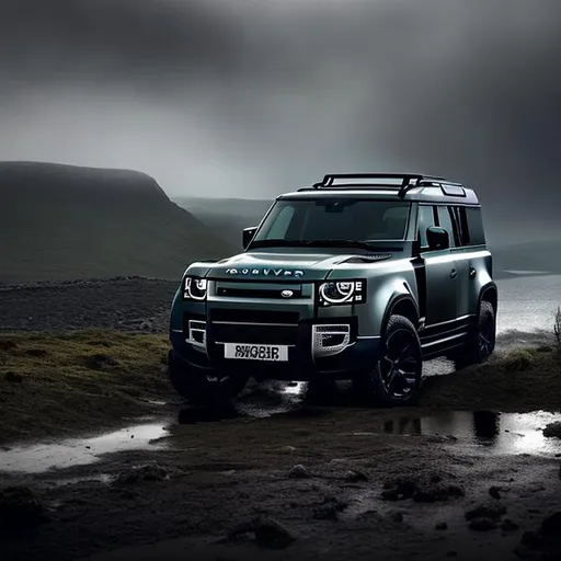 Prompt: A new 2022 land rover defender with a dark and menacing look surrounded by a deep and powerful background of dark nature