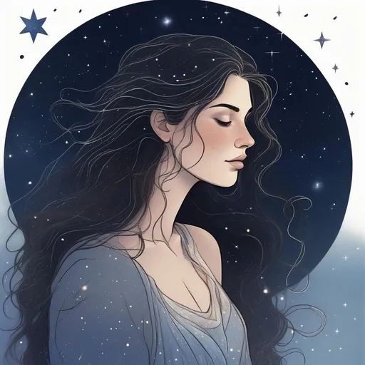 Prompt: A beautiful, magical and powerful caucasian Canadian/Irish/French with light freckles woman (a greek goddess of the night sky) with magical flowing brunette hair in the style of constellations and the night sky flowing and fading into stars, starting confidently profile picture