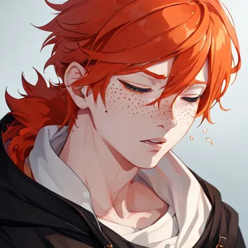 Prompt: Erikku male adult (short ginger hair, freckles, eyes closed) UHD, 8K, Highly detailed, insane detail, best quality, high quality,  anime style, upset