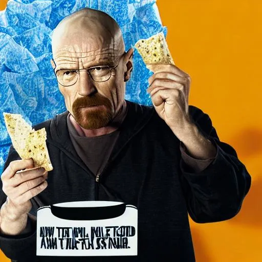 Prompt: Walter white breaking bad eating the new snack popcorners out of the bag, ULTRA HD, DETAILED, bag says popcorners
