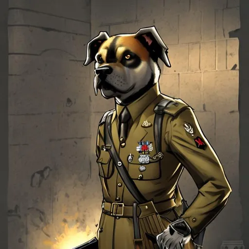 Prompt: ((growling dog 1.5) in the fascist uniform of the Second World War --ar 4:3 --s 42000 --overhead light --Q3