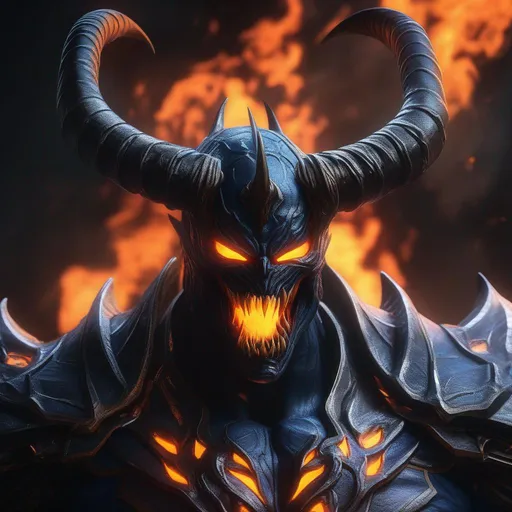Prompt: a death knight with a Venom mouth (Venom movie), with horns on his forehead, orange fire eyes, Laughing, Hyperrealistic, sharp focus, Professional, UHD, HDR, 8K, Render, electronic, dramatic, vivid, pressure, stress, nervous vibe, loud, tension, traumatic, dark, cataclysmic, violent, fighting, Epic