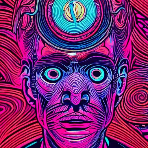 Prompt: 
Hypnotic illustration of man , hypnotic psychedelic art by Dan Mumford, pop surrealism, dark glow neon paint, mystical, Behance