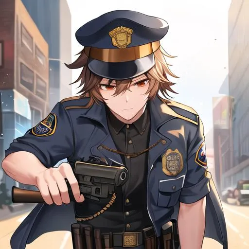 Prompt: Caleb as a police officer in a gunfight bullets flying
