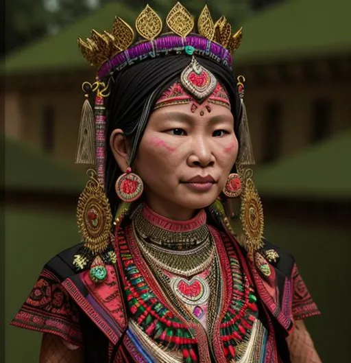 Prompt: A dynamic realistic render showing a detailed myanmar tribal ethnography face ethnic Hmong anthropology woman decorative filigree 8k,high quality, high resolution, 4k, hd, (well designed face), amazing face, (super detailed), [3d] James jean surreal details Volumetric light fashion photography wide angle wide-angle