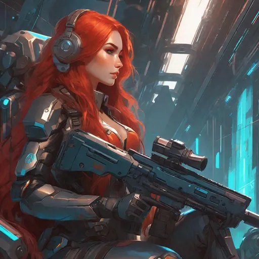 Prompt: a woman with long red hair sitting in a dropship holding a sniper rifle, cyberpunk art, by Krenz Cushart, wears a suit of power armor, closeup character portrait, cute detailed digital art, artgerm 