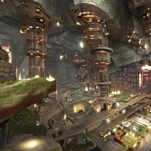 Prompt: fantasy city, inside a hollow mountain, platforms connected by walkways and ropes, floating, realistic