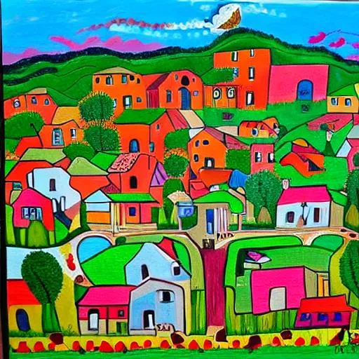 Prompt: naive art painting village