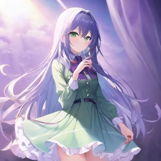 Prompt: (masterpiece, best quality:1.2), illustration, absurdres, highres, extremely detailed, 1 girl inside a sandglass, blue long hair, green eyes, eye highlights, dress, 
 chromatic aberration abuse, pastel color, Depth of field, purple tint,(purple fog:1.3)