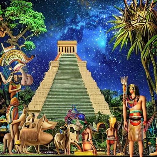 Prompt: Egyptian mythological figures, standing on top of maya pyramids, in the rainforest, with various animals around, with the galaxy full of stars and planets in the background