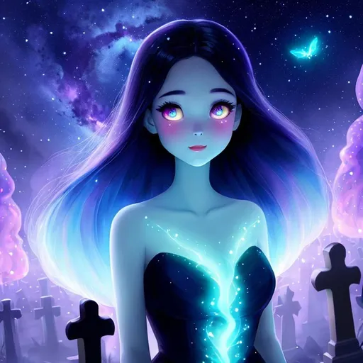Prompt: Cute Pixar style painting, an adorable spirit woman, graveyard, midnight, translucent skin,  floating, nebula, galaxy, stars, fireflies, glowing eyes, glowing, Graves, cemetery, soft light, 4k, beautiful , gravestones, crypt, dead trees, hill