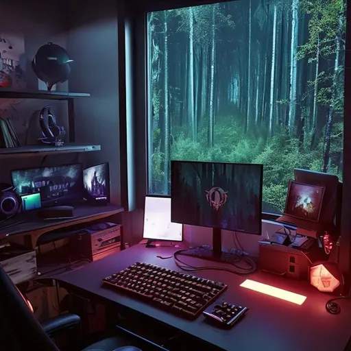 Prompt: Desk setup for a PC gaming streamer during gothic era. It is midnight outside of the window. Show a full moon and stars. Outside of the window, there is a horizon of forestry from a forest. Add a gaming pc tower on the desk right next to the monitor
