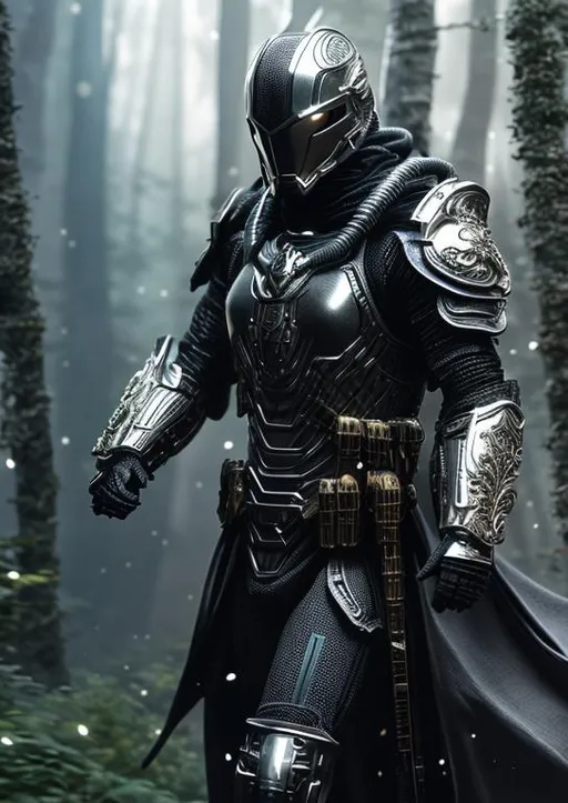 Prompt: long shot super detailed lifelike illustration, intricately detailed without weapons, soldier in a black modern light armor without weapons, gorgeous detailed sci-fi helmet, long flowing cape, 

background is a battle in a forest

masterpiece photographic real digital ultra realistic hyperdetailed,  

soft focus, clean art, professional, colorful, rich deep color, concept art, CGI winning award, UHD, HDR, 8K, RPG, UHD render, HDR render, 3D render cinema 4D