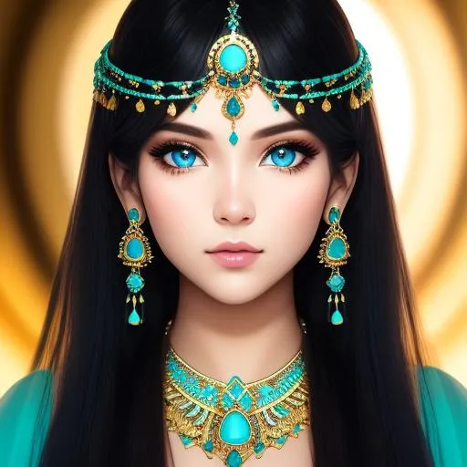 Prompt: Closeup face portrait of a {{{image}}}, smooth soft skin, big dreamy eyes, beautiful intricate colored hair, symmetrical, wide eyes, soft lighting, wearing gold and turquoise jewelry