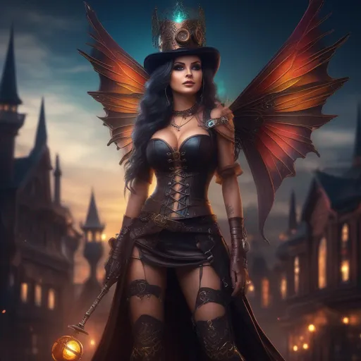 Prompt:  Wide angle, 4k, 8k, Detailed Illustration. Full body in shot. Hyper realistic painting. Photo real. A beautiful, shapely woman with immaculate hands and vividly colored, bright eyes. Shes a Steam Punk, gothic witch. A distinct Winged fairy, with a skimpy, colorful, gossamer, flowing outfit. On a picturesque Halloween night standing in a forest by a village. Concept art style. Matte painting. Epic. Cinematic