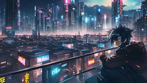 Prompt: insane, anime character with brown hair, smiling, city lights, cyberpunk, city in background, vibrant, looming demon, power, high definition, professional brush strokes, sat on roof top overlooking the city, smoke
  