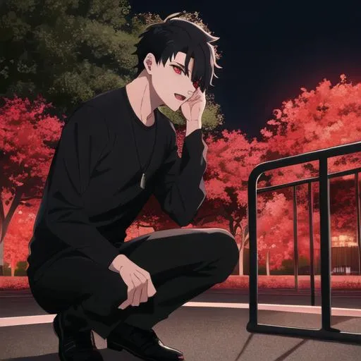 Prompt: Damien (male, short black hair, red eyes) in the park at night, casual outfit, dark out, nighttime, midnight, on his knees, screaming