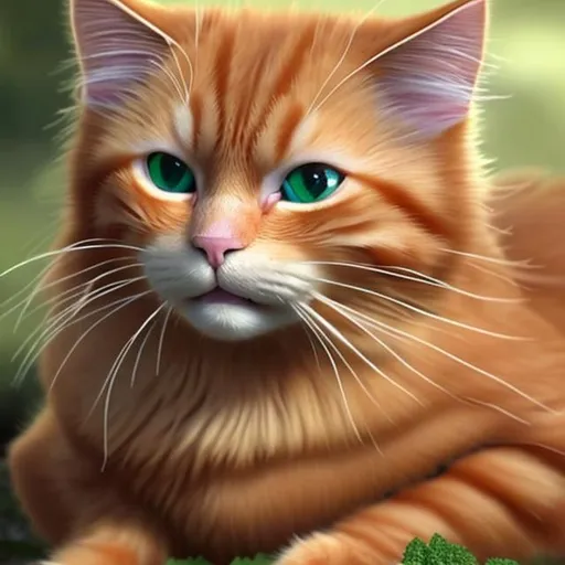 Prompt: Hyper realistic ginger cat with happy looking green eyes staring at you
