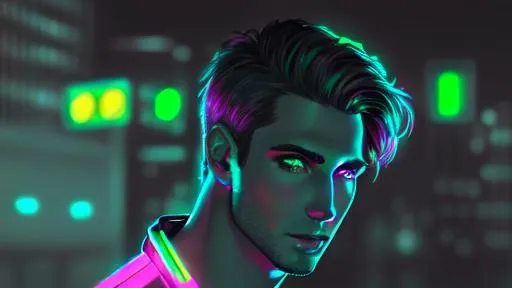 Prompt: portrait , giga chad, digital art, 8k, neon lighting 