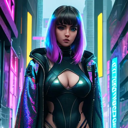 Prompt: Cyberpunk art, Ana De Armas from Blade Runner 2049, Joi front, wearing seethrough poncho and body suit underneath, holographic accessories, epic Instagram, artstation, hyperdetailed intricately detailed , unreal engine, intricate detail, splash screen, complementary colors, fantasy concept art, 8k, deviantart masterpiece, oil painting, heavy strokes, splash arts, dim lighting