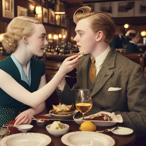 Prompt: Saoirse Ronan and Jack Lowden a 1950s era couple eating at restaurant while being served by Elle Fanning