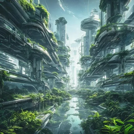 Prompt: Abandoned Futuristic City overgrown with lush green plants light blue sky