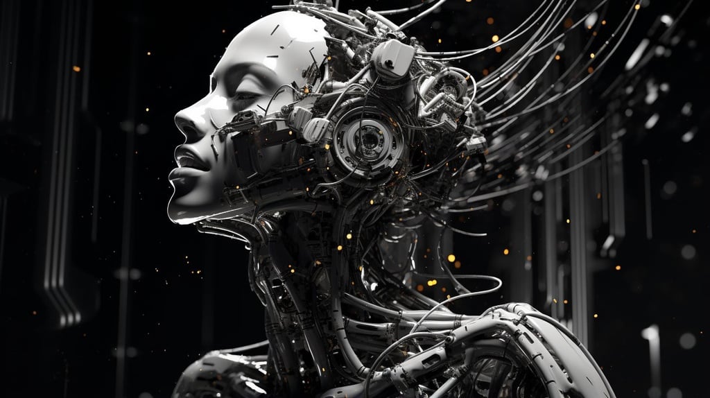 Prompt: abstract figure in a black and white image, in the style of technological marvels, emphasis on facial expression, daz3d, circuitry, computer-aided manufacturing, realistic depictions of human form, symbolic overload