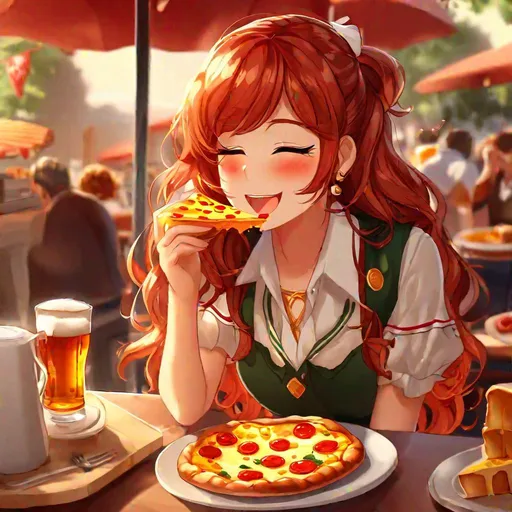 Prompt: 1girl, bangs, beer mug, bread, waiter outfit, butter, cheese, closed eyes, cup, dish, eating, egg, flag, food, fork, holding, hot pizza on the table, meat, mug, pie, pizza, pizza slice, plate, red wavy hair, Italian restaurant, sausage, shirt, sign, skewer, toast, pizza in mouth, tomato