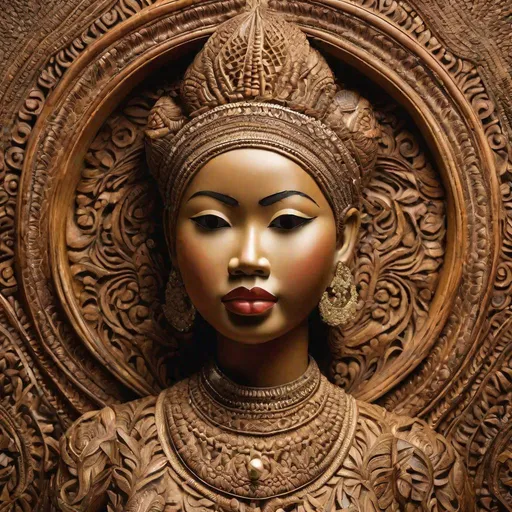 Prompt: wooden carving, head and torso, pretty young Indonesian woman, 25 year old, (round face, high cheekbones, almond-shaped eyes, epicanthic fold, hair in ornate style, small delicate nose), wearing traditional blouse, masterpiece, intricate detail, background tropical rural location