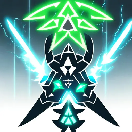 Prompt: ledgend of zelda master sword going through master chiefs helmet as a logo with blue lightning on the left and green lightning on the right