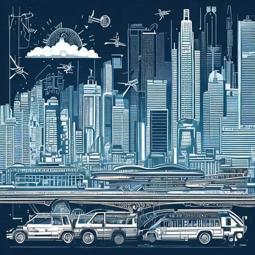 Prompt: Feature an eye-catching illustration that combines elements of modern transportation and Filipino cultural symbols. It could showcase a futuristic Filipino cityscape with innovative transportation modes like electric vehicles, high-speed trains, autonomous vehicles, and drones. Include iconic Filipino landmarks in the background, such as the jeepneys or the Manila skyline. This visual would represent the fusion of technology, progress, and the rich cultural heritage of the Philippines.