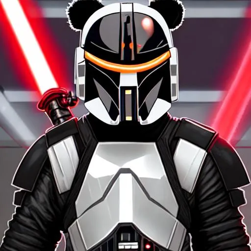 Prompt: cyberpunk panda lightsaber mandalorian