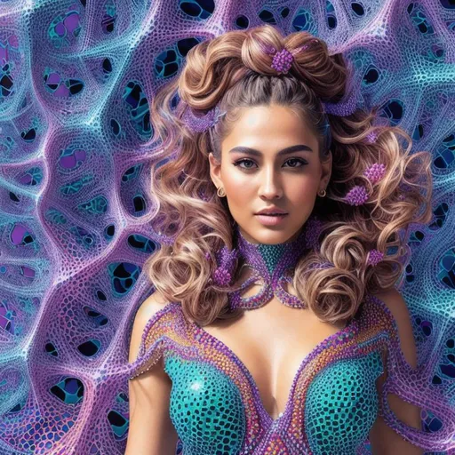 Prompt: full body visible elegant female full color Fractal hyperbolical geometry on voronoi dressed, looking at viewer, photography, Stunning, long balayage one braided hair, detailed skin, extremely detailed face with eyes and iris, luxury jewelry, old manor Grease style realistic, photo-realistic,  highly detailed, amazing colors, surrounded by full color voronoi on newton julia clusters fractal sky, full color Fractal geometry exists in the foreground knowledge of the world, diffused soft lighting, shallow depth of field, sharp focus, hyperrealism, cinematic lighting highest quality, highest detail, Cinematic, Long Exposure, ((1 woman))