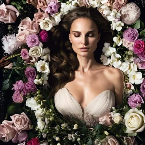 Prompt: Natalie Portman resting inside a coffin, closed eyes, blonde hair color, flowers, closed mouth,