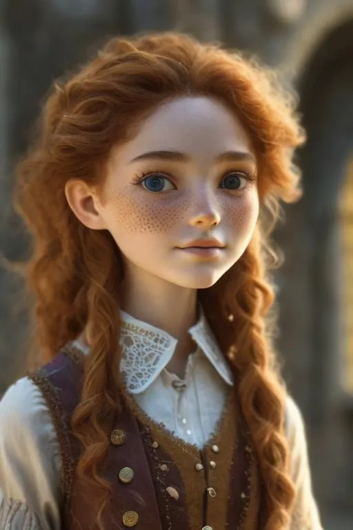 Prompt: Female 13 years old, beautiful, freckles, wavy wheat colored hair, magical seamstress, wizard, money savvy, perceptive, great fashion sence, very smart, very intelligent, very wise for her age, whole body in frame, big eyes, soft-finish, d and d, hogwarts