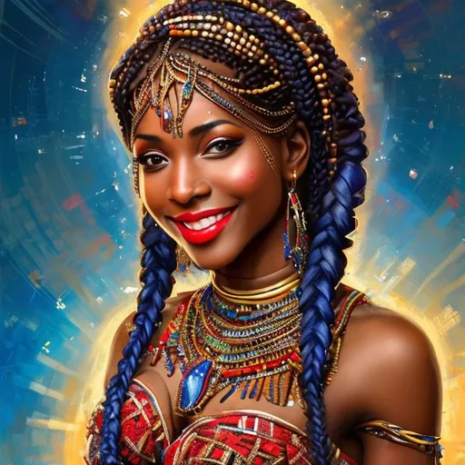 Prompt: BEAUTIFUL 
African belly dancer, HD , 8k, Hyper Realism. VIBRANT and harmonious attire. long blue braided hair, red lips, pretty smile, Embraces  cultural diversity and celebrates the richness of the diaspora. Female forerunner, full body, beautiful body with normal chest by Stanley Artgerm Lau