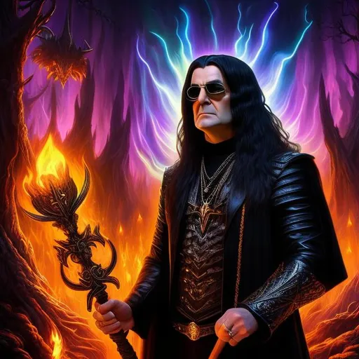 Prompt: Full body splash art, fantasy art, digital painting, D&D, sharp focus, hyper-realistic. portrait of Stefan Karl Stefansson as Ozzy Osbourne is a Celtic warlock, with goat horns, smoking a pipe, wearing sunglasses, and feathers in his long black hair. ((((in the background luminous forest))), sunset. by Rembrandt, by Clyde Caldwell.