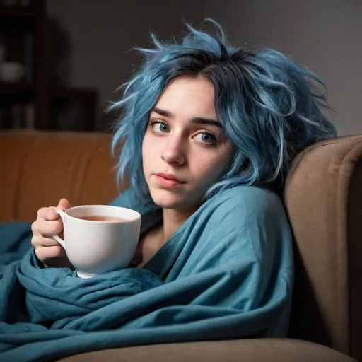 Prompt: a 25 years old girl with blue hairs laying during late evening on the couch under a blanket, with messy hair and a tea cup nearby, show full couch