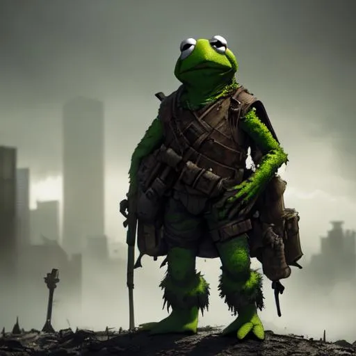 Prompt: kermit the frog dressed in battle attire in a post apocalyptic san francisco, the end, apocalypse, artstation, octane render, 4k, moody colors, award winning photography, detailed, atmospheric lighting, volumetric lighting, concept art