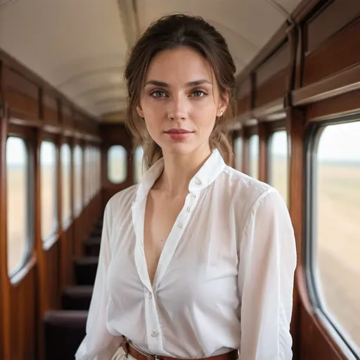 Prompt: A woman portrait in midjourney style, white, beautiful, open blouse,train